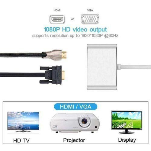 2in1 USB Type C Hub 4K HDMI & VGA Port Display Adapter Splitter Box - Grey
