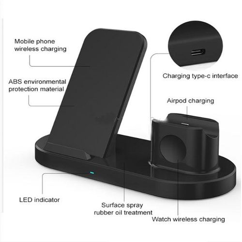 3-In-1 Wireless Charger For Phone,Watch,Earbuds,  - Black,
