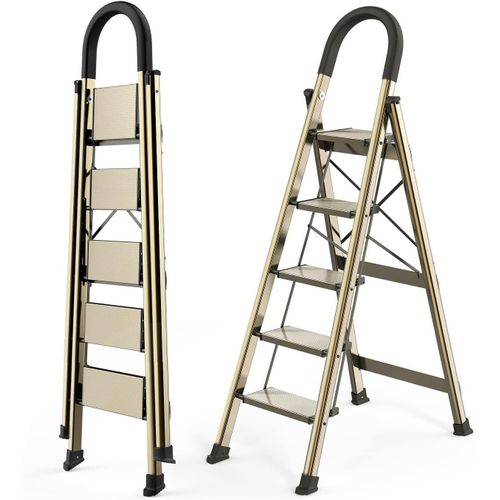5 Step Ladder, Folding Step Stool with Anti-Slip Wide Sturdy Pedal with Convenient Handgrip, Portable Lightweight Aluminum Stepladder for Home, Office, Library Indoor 5ft Stepladders With Rubber-cotton Armrests