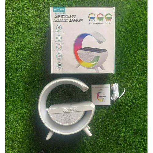 5-In-1 Bluetooth Speaker, WIreless Phone Charge, FM Radio, Table Lamp -White