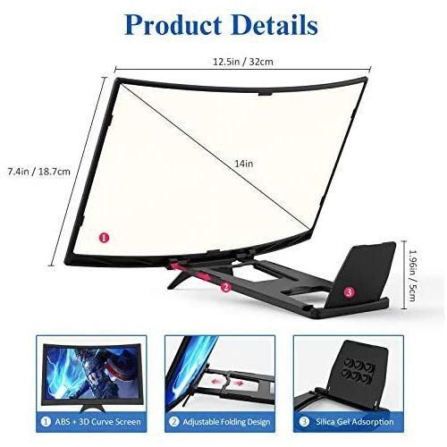 Curved Magnifier for Cell Phone -3D HD Magnifing Projector Screen, Black.