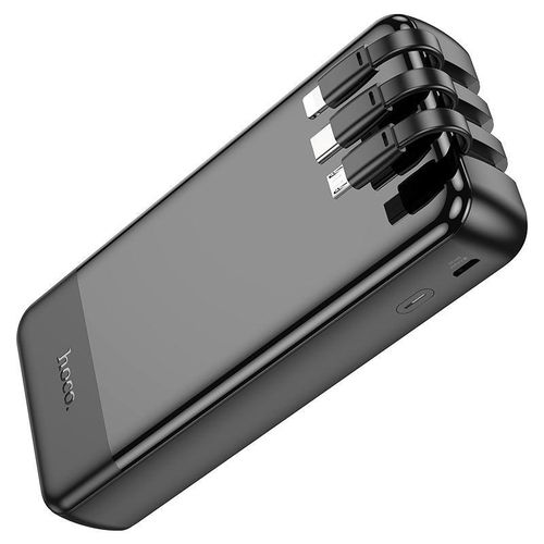 J114A Mobile power bank with 20000mAh capacity. Type-C and Micro-USB inputs. USB-A port and built-in cables for Lightning, Type-C and Micro-USB outputs. LED digital display of power level- Black