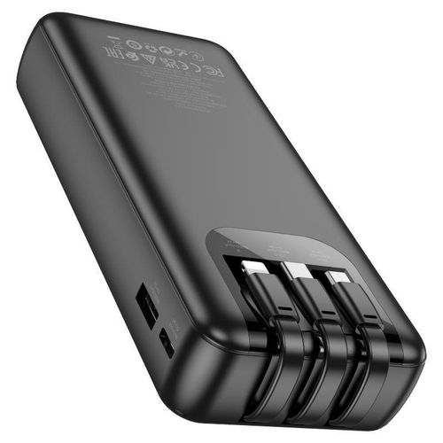 J114A Mobile power bank with 20000mAh capacity. Type-C and Micro-USB inputs. USB-A port and built-in cables for Lightning, Type-C and Micro-USB outputs. LED digital display of power level- Black