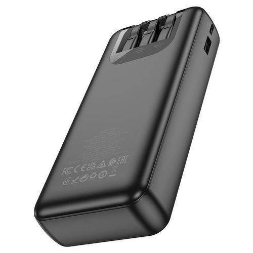 J114A Mobile power bank with 20000mAh capacity. Type-C and Micro-USB inputs. USB-A port and built-in cables for Lightning, Type-C and Micro-USB outputs. LED digital display of power level- Black