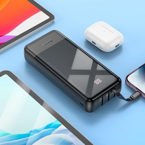 J114A Mobile power bank with 20000mAh capacity. Type-C and Micro-USB inputs. USB-A port and built-in cables for Lightning, Type-C and Micro-USB outputs. LED digital display of power level- Black