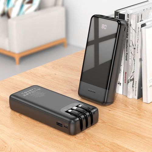 J114A Mobile power bank with 20000mAh capacity. Type-C and Micro-USB inputs. USB-A port and built-in cables for Lightning, Type-C and Micro-USB outputs. LED digital display of power level- Black
