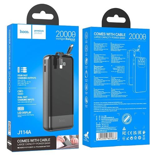 J114A Mobile power bank with 20000mAh capacity. Type-C and Micro-USB inputs. USB-A port and built-in cables for Lightning, Type-C and Micro-USB outputs. LED digital display of power level- Black