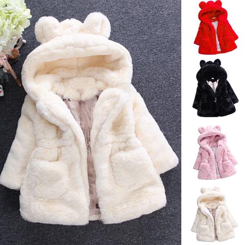 Kid Girl's Faux Fur Plush Hoodie Jacket Luxurious Style Mid-Length Coat NO5273
