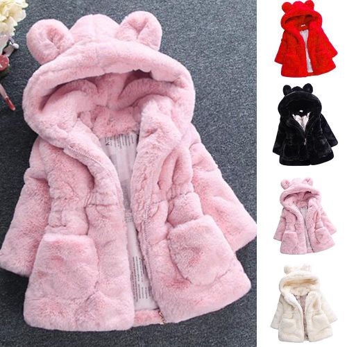 Kid Girl's Faux Fur Plush Hoodie Jacket Luxurious Style Mid-Length Coat NO5273