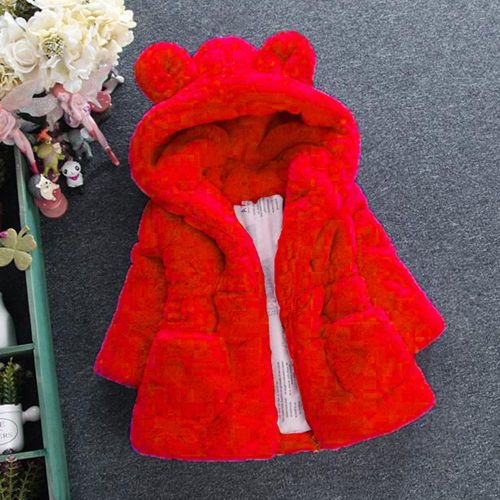 Kid Girl's Faux Fur Plush Hoodie Jacket Luxurious Style Mid-Length Coat NO5273