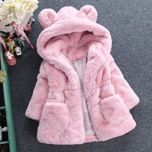 Kid Girl's Faux Fur Plush Hoodie Jacket Luxurious Style Mid-Length Coat NO5273