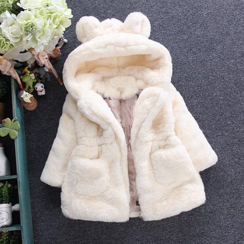 Kid Girl's Faux Fur Plush Hoodie Jacket Luxurious Style Mid-Length Coat NO5273