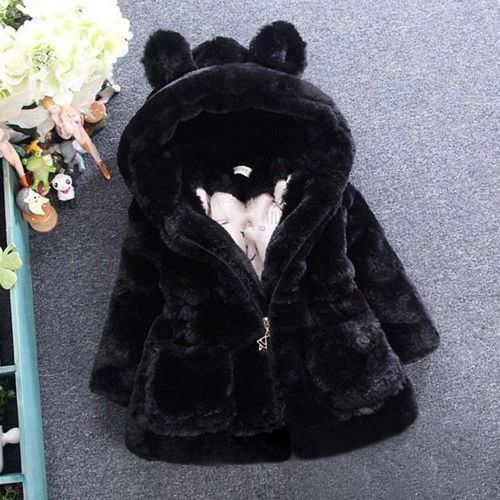 Kid Girl's Faux Fur Plush Hoodie Jacket Luxurious Style Mid-Length Coat NO5273