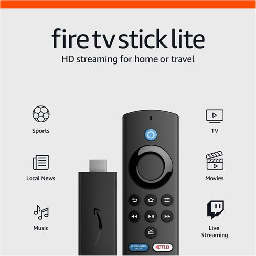 Amazon Fire TV Stick Lite, Full HD Streaming Device, Alexa Voice Remote (2nd Gen), Dolby Audio, HDMI-Compatible, Stream Netflix, YouTube, Prime Video, Apple TV+, HBO Max, Hulu, for free and live TV, Projector, Monitor, HD streaming -Black