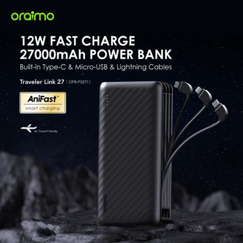 Mobile Battery 27000mAh Traveler Link With Inbuilt Cables 12W Power Bank Thin Smartphone ChargerConvenient to Carry, Business Trips, Travel, Emergency Measures, PSE Certified, Compatible with iPhone, iPad, and Android Devices- Black