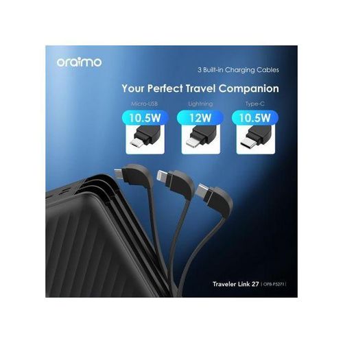 Mobile Battery 27000mAh Traveler Link With Inbuilt Cables 12W Power Bank Thin Smartphone ChargerConvenient to Carry, Business Trips, Travel, Emergency Measures, PSE Certified, Compatible with iPhone, iPad, and Android Devices- Black
