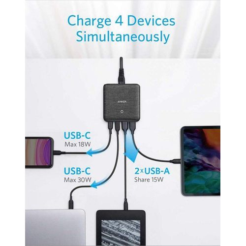 USB C Fast Charger, PowerPort Atom III Slim 65W 4 Port PIQ 3.0 GaN Wall Charging Station with Dual USB C Ports for USB C Laptops, iPad Pro, iPhone, Galaxy, and More - Black