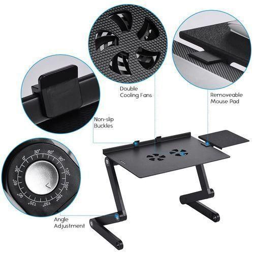 Foldable Laptop Table Stand Adjustable With Mouse Pad,Cooling Fan - Black