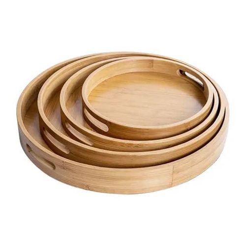 Round Serving Tray Set with Handles - Circular Wooden Tray