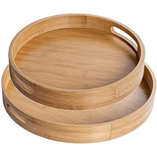 Round Serving Tray Set with Handles - Circular Wooden Tray