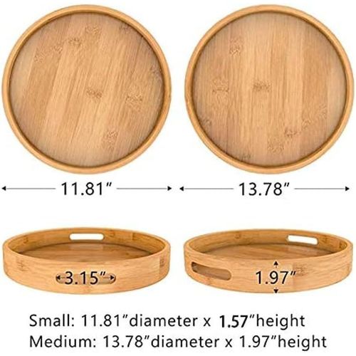 Round Serving Tray Set with Handles - Circular Wooden Tray