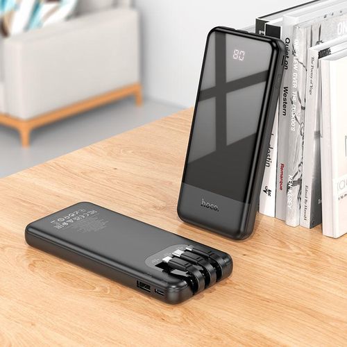 J114 Fast Charging Mobile power bank with 10000mAh capacity.Type-C and Micro-USB inputs. USB-A port and built-in cables for Lightning, Type-C and Micro-USB outputs. LED digital display of power level.- Black