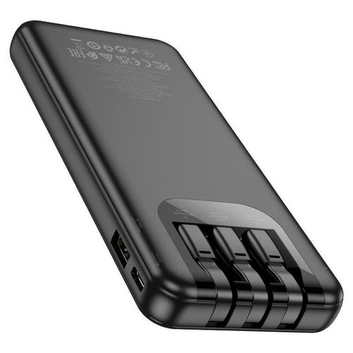 J114 Fast Charging Mobile power bank with 10000mAh capacity.Type-C and Micro-USB inputs. USB-A port and built-in cables for Lightning, Type-C and Micro-USB outputs. LED digital display of power level.- Black