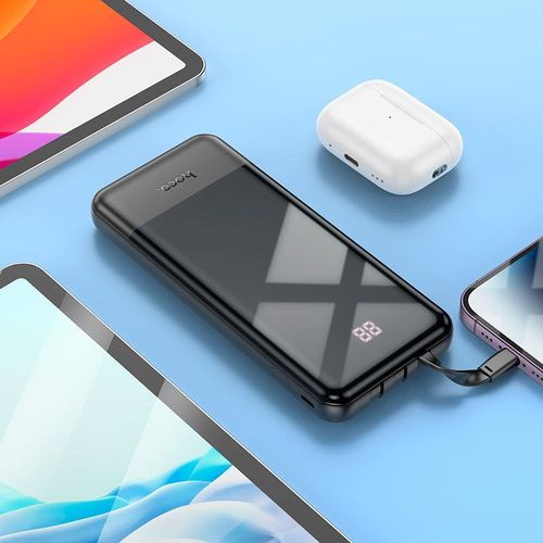 J114 Fast Charging Mobile power bank with 10000mAh capacity.Type-C and Micro-USB inputs. USB-A port and built-in cables for Lightning, Type-C and Micro-USB outputs. LED digital display of power level.- Black