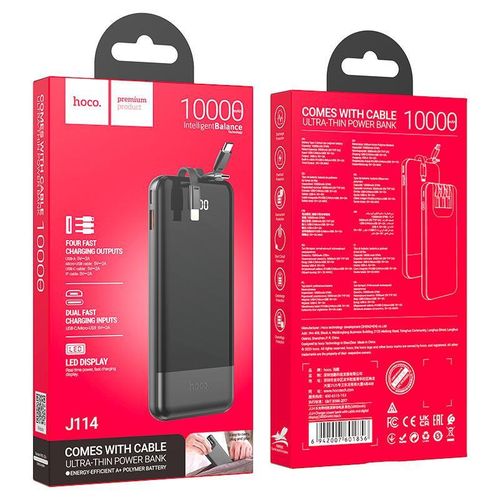 J114 Fast Charging Mobile power bank with 10000mAh capacity.Type-C and Micro-USB inputs. USB-A port and built-in cables for Lightning, Type-C and Micro-USB outputs. LED digital display of power level.- Black