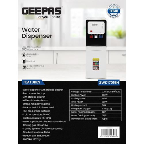 Geepas Hot & Cold Water Dispenser 2Taps  Perfect for Home, Shopping Malls, and Office-White