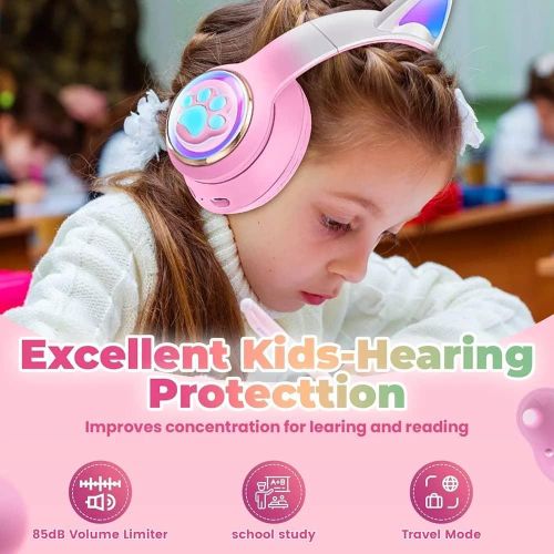 GL-400 Kids Wireless Head Phone  Bluetooth Gaming Gamer Foldable Cat Headphones with LED Light Up,Wireless  Earphone for Children Compatible Smartphone Laptop PC For nline Distant Learning