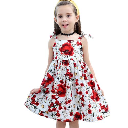 Kids Girls Print Dress Bowknot Strappy Sleeveless for Summer,130cm NO5115