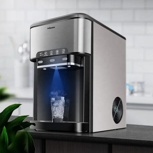 Hicon Professional Countertop Ice Maker With Cold And Hot Water Dispenser 12 Cubes in 7 Mins 44Lbs/24H Stainless Steel Bullet Ice Maker Suitable for Home Office Kitchen & Bar with Child Safety Lock - Siliver