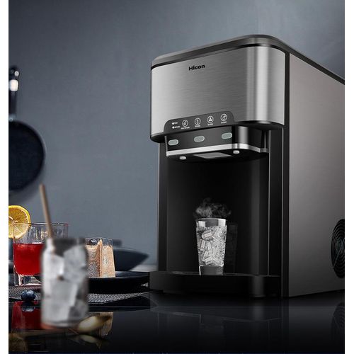 Hicon Professional Countertop Ice Maker With Cold And Hot Water Dispenser 12 Cubes in 7 Mins 44Lbs/24H Stainless Steel Bullet Ice Maker Suitable for Home Office Kitchen & Bar with Child Safety Lock - Siliver