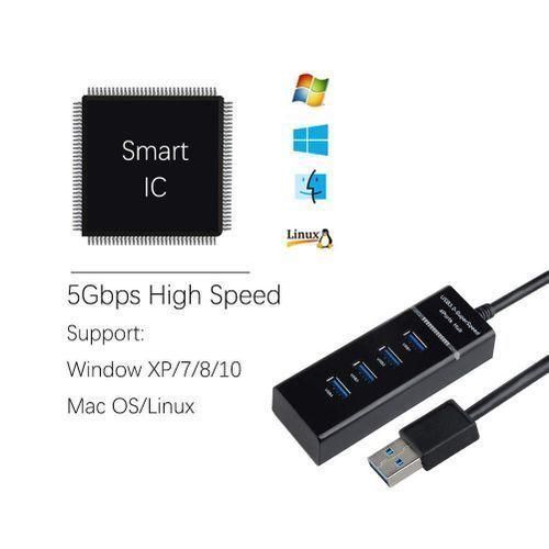 4 Port USB 3.0 Hub High Speed USB Cable Adapter - Black