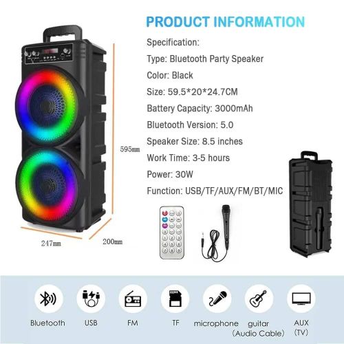Subwoofer Dual For 8.5 Inches and 20W Outdoor RGB Lights TF Card FM Radio Wireless Bluetooth Speaker With Microphone Aand Remote Control- Black
