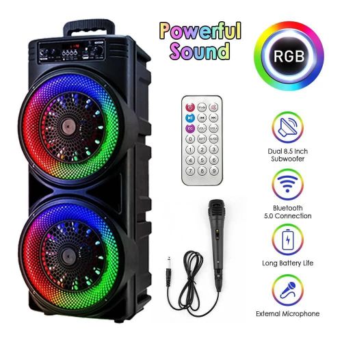Subwoofer Dual For 8.5 Inches and 20W Outdoor RGB Lights TF Card FM Radio Wireless Bluetooth Speaker With Microphone Aand Remote Control- Black