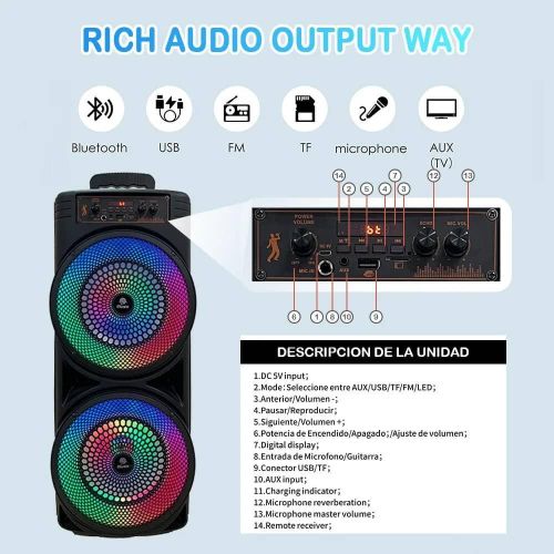 Subwoofer Dual For 8.5 Inches and 20W Outdoor RGB Lights TF Card FM Radio Wireless Bluetooth Speaker With Microphone Aand Remote Control- Black