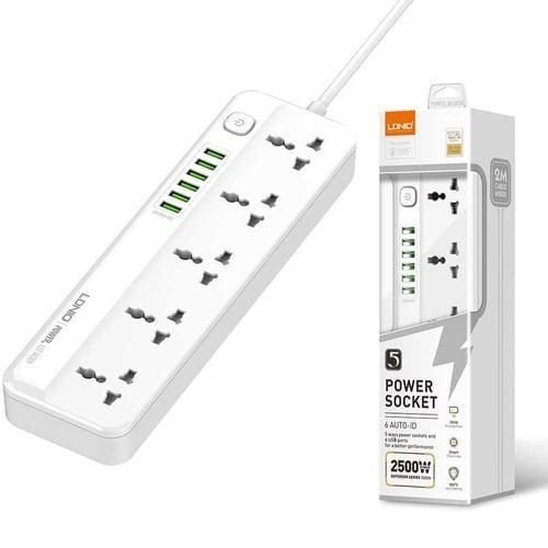2500W Power Strip Surge Protector With 5 Ac Outlets Sockets And 6 Usb Charging Ports 2m Long Extension Cord For Home- White
