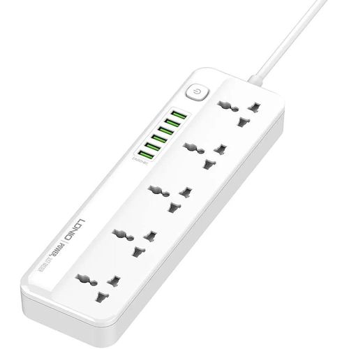 2500W Power Strip Surge Protector With 5 Ac Outlets Sockets And 6 Usb Charging Ports 2m Long Extension Cord For Home- White
