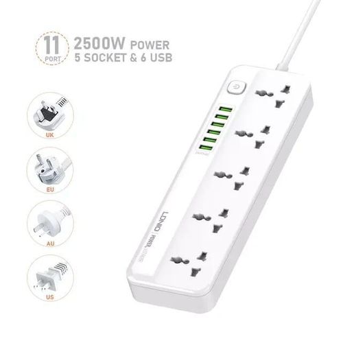 2500W Power Strip Surge Protector With 5 Ac Outlets Sockets And 6 Usb Charging Ports 2m Long Extension Cord For Home- White