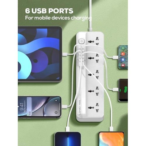 2500W Power Strip Surge Protector With 5 Ac Outlets Sockets And 6 Usb Charging Ports 2m Long Extension Cord For Home- White