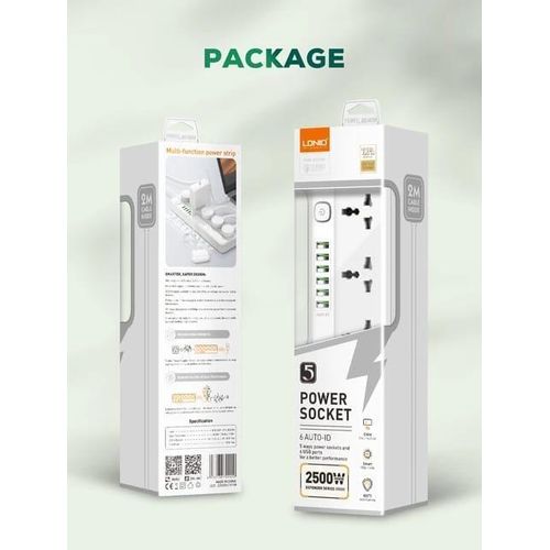 2500W Power Strip Surge Protector With 5 Ac Outlets Sockets And 6 Usb Charging Ports 2m Long Extension Cord For Home- White