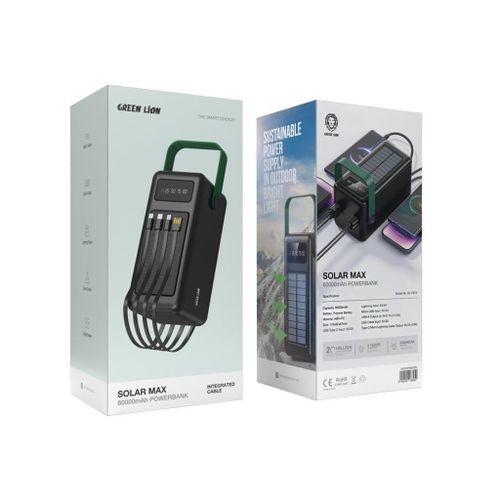 Solar Max 80000mAh Powerbank with Digital Display, Solar Charging Panel, Type-C Micro Lightening USB-A Output, lightweight & Portable, 4 Integrated Cables