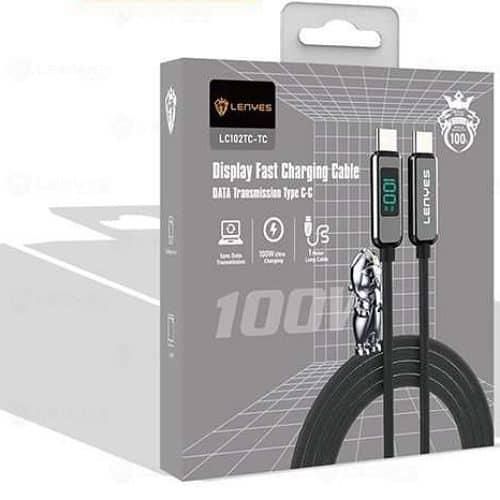 LC102 USB C to USB C Cable 5A PD 100W LED Display Cable 4ft QC5.0 PPS Super Lightning Fast Charging Type-C Phone Nylon Braided Charger Cord 480Mbps Data- Black