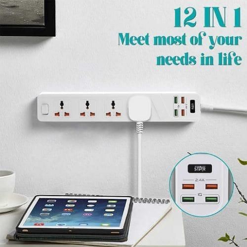 4 Switched Universal Extension Socket Power Strip Electrical Outlet With Cable- white