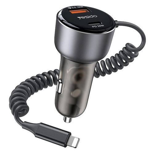 Y57 50W Cell Phone Super Fast Car Charger Included Cigarette Lighter Car Charger with iP Coiled Lightning Cable- Black