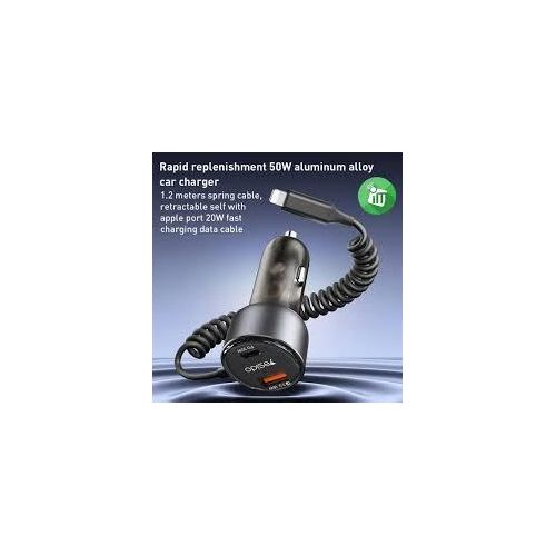 Y57 50W Cell Phone Super Fast Car Charger Included Cigarette Lighter Car Charger with iP Coiled Lightning Cable- Black