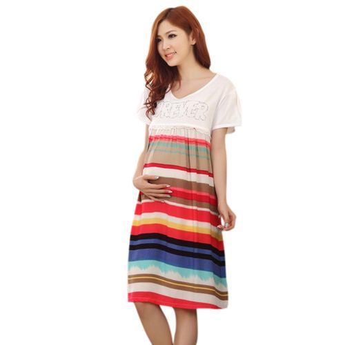 Women Maternity Dress Short Sleeves Cotton Rainbow Print Letter Pattern Round Neck,Default NO5236