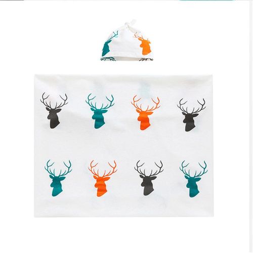 Newborn Thin Blanket with Hat Cotton Deer Print Soft Breathable Swaddle for Summer,Default NO5148